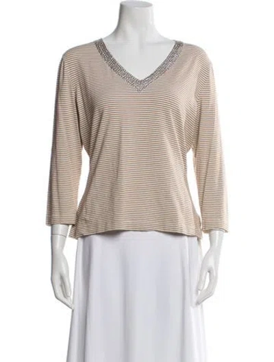 Pre-owned St John Striped V-neck Top In Neutral