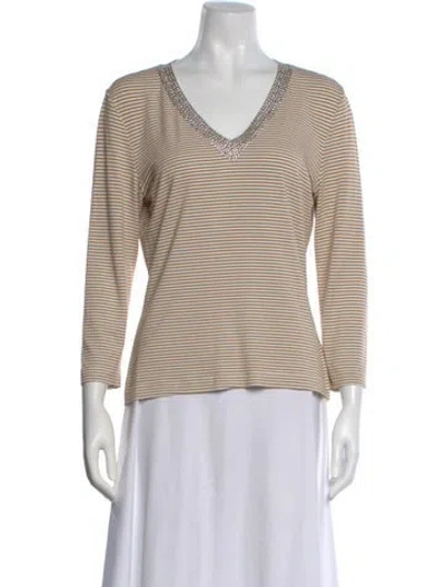 Pre-owned St John Striped V-neck Top In Neutral