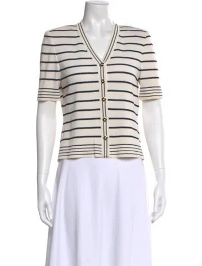 Pre-owned St John Striped V-neck Top In White