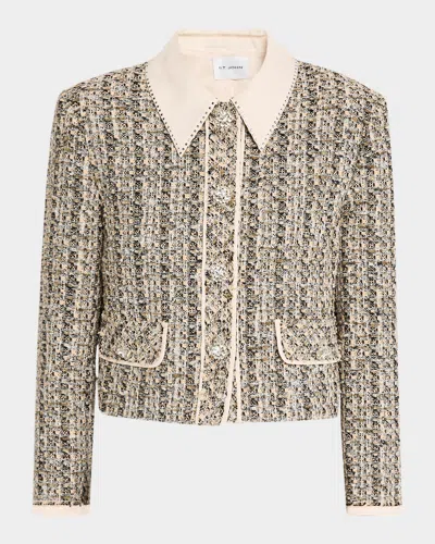 St John Stud-collar Metallic Tweed Collage Jacket In Pink Blush/shadow Multi