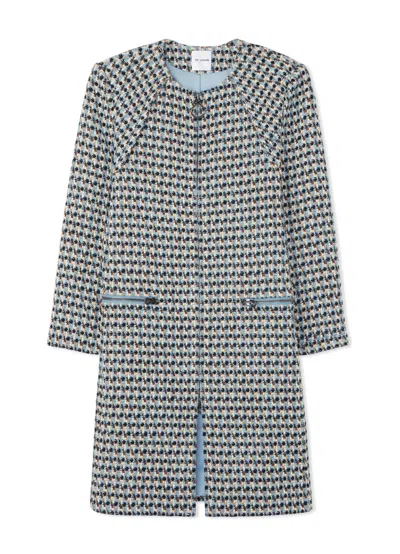 St John Textured Tweed Long Jacket In Royal Blue/white Multi