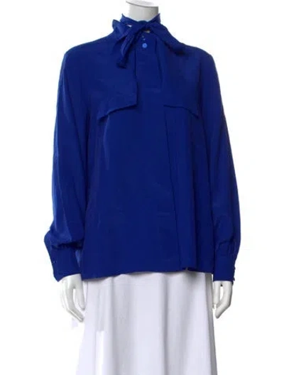 Pre-owned St John Tie Neck Long Sleeve Blouse In Blue