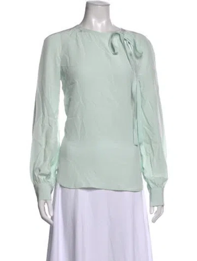 Pre-owned St John Tie Neck Long Sleeve Blouse In Green