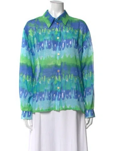 Pre-owned St John Tie-dye Print Long Sleeve Button-up Top In Blue