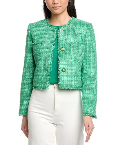 St John Tweed Boxy Jacket W/fringe In Green