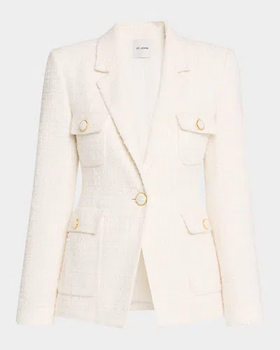 St John Tweed Mixed Media Jacket W Pocket Flaps Lined In Ivory