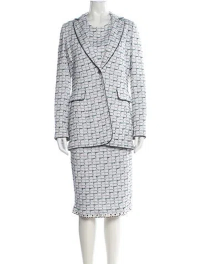 Pre-owned St John Tweed Pattern Embroidered Accent Dress Set In White