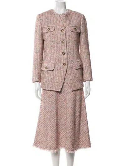 Pre-owned St John Tweed Pattern Fringe Trim Accent Dress Set In Pink