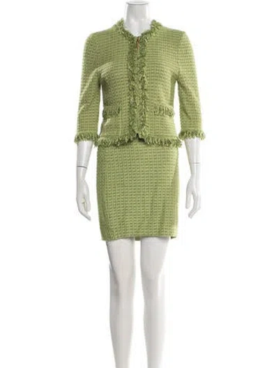 Pre-owned St John Tweed Pattern Fringe Trim Accent Skirt Set In Green