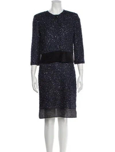 Pre-owned St John Tweed Pattern Glitter Accents Dress Set In Blue