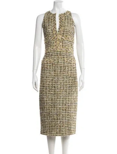 Pre-owned St John Tweed Pattern Knee-length Dress In Green