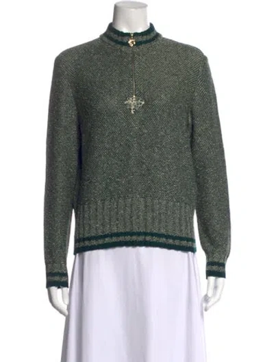 Pre-owned St John Tweed Pattern Mock Neck Sweater In Green