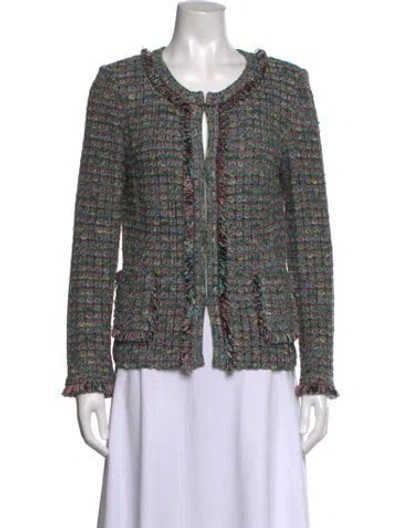 Pre-owned St John Tweed Pattern Open Front Sweater In Green