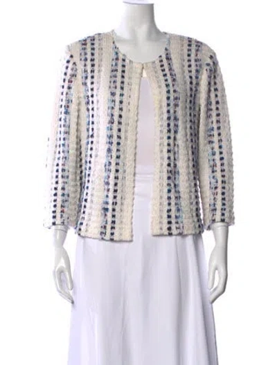 Pre-owned St John Tweed Pattern Open Front Sweater In White