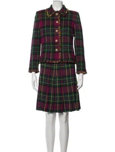 Pre-owned St John Tweed Pattern Pleated Accents Skirt Set In Multi