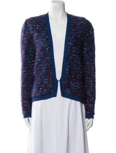 Pre-owned St John Tweed Pattern Plunge Neckline Sweater In Blue