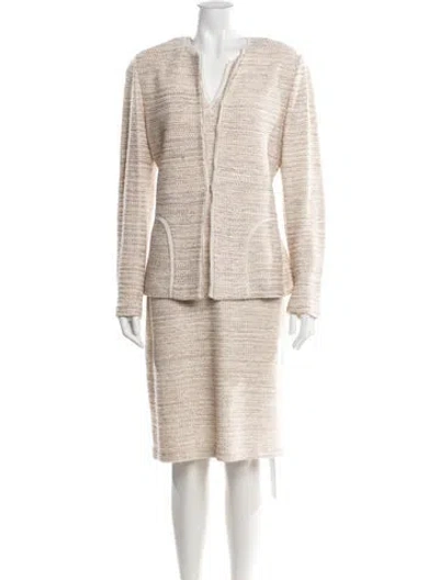 Pre-owned St John Tweed Pattern Raw-edge Trim Dress Set In Neutral