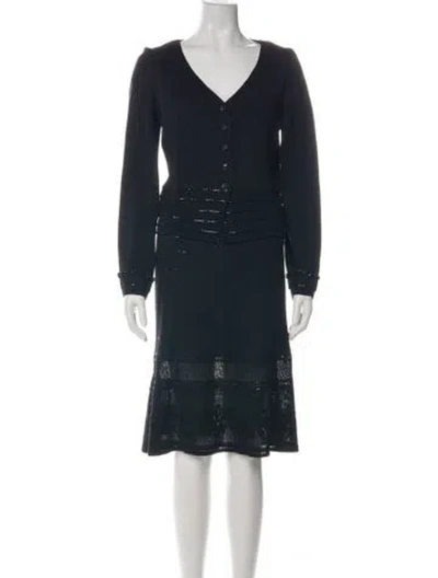 Pre-owned St John Tweed Pattern Sequin Embellishments Skirt Suit In Green