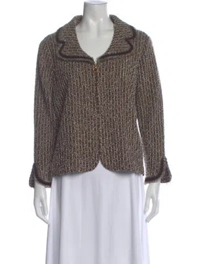 Pre-owned St John Tweed Pattern V-neck Sweater In Brown