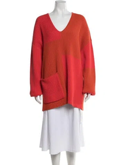 Pre-owned St John Tweed Pattern V-neck Sweater In Orange/red