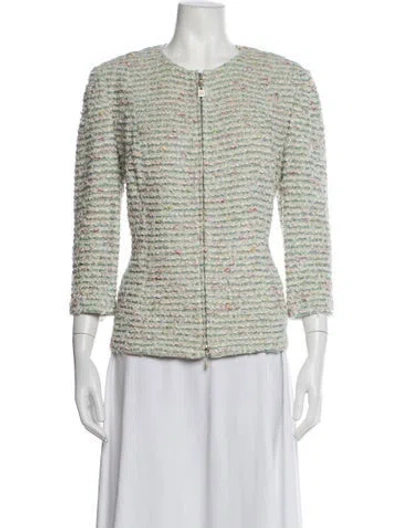 Pre-owned St John Tweed Tweed Pattern Blazer In Green/white