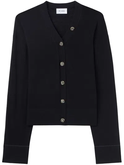 St John Merino Knit V-neck Cardigan In Bkon