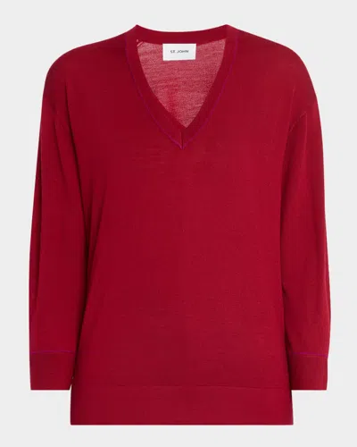 St John V-neck Fine-gauge Merino Knit Sweater With Crystal-buttons In Red