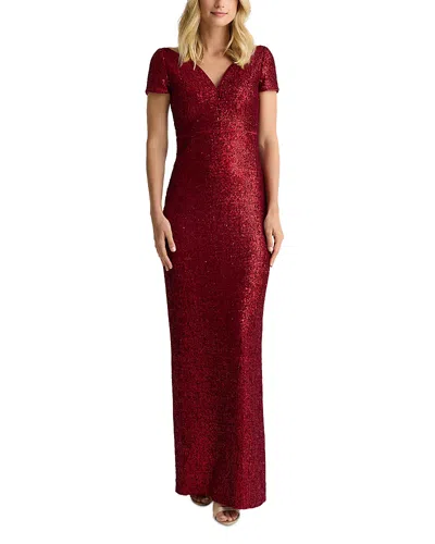 St John Velvet Sequined Deep V Gown In Red