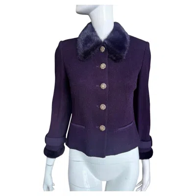 Pre-owned St John St. John Vintage 1990s Women's Purple Knit Wool Cardigan With Fur Trim