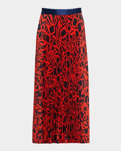 St John Vintage Botanical-print Pleated Midi Skirt In Geranium/midnight