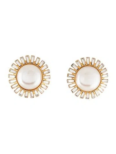 Pre-owned St John Vintage Faux Pearl & Crystal Clip-on Earrings In Clear/white