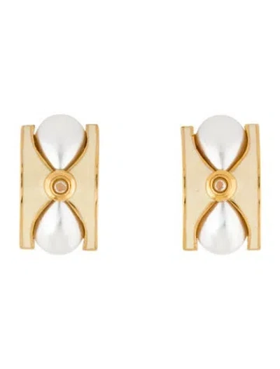 Pre-owned St John Vintage Faux Pearl & Enamel Clip-on Earrings In White