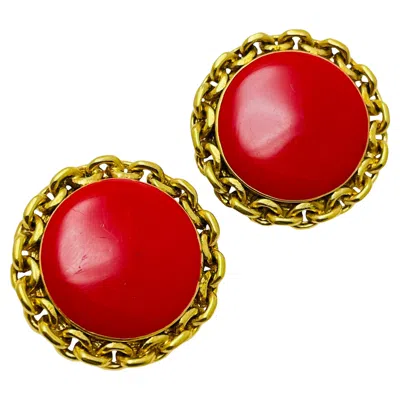 Pre-owned St John Vintage  Signed Gold Chain Red Enamel Designer Clip On Earrings