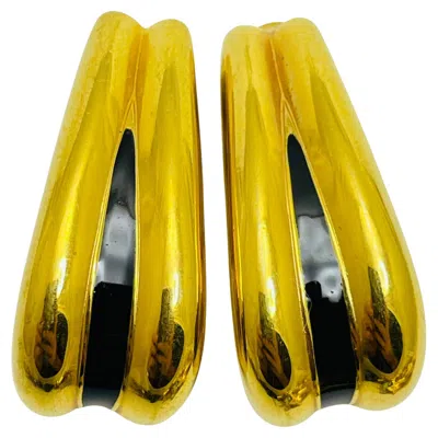 Pre-owned St John Vintage  Signed Gold Tone Black Enamel Designer Clip On Earrings