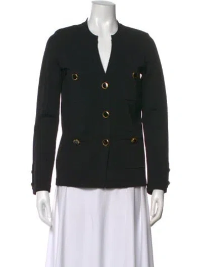 Pre-owned St John V-neck Long Sleeve Button-up Top In Black