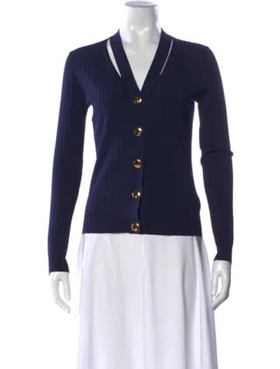 Pre-owned St John V-neck Long Sleeve Button-up Top In Blue