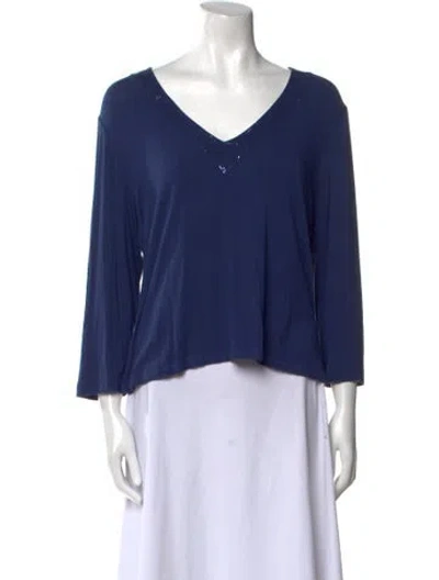 Pre-owned St John V-neck Three-quarter Sleeve Blouse In Blue