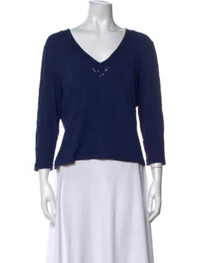 Pre-owned St John V-neck Three-quarter Sleeve Blouse In Blue