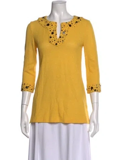 Pre-owned St John V-neck Three-quarter Sleeve Top In Yellow