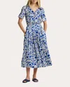 St John St. John Collection Vintage Botanical Cutout Short Sleeve Midi Dress In Sapphire/ivory
