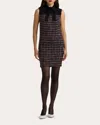 St John Window Pane Tweed Mixed Media Dress In Black/haute Red/pearl Multi