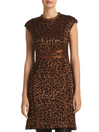St John St. John Evening Sequin Leopard Jacquard Cap Sleeve Dress In Caramel/copper Multi