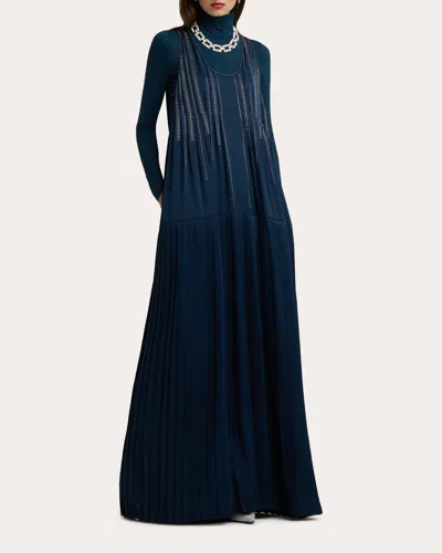 St John Women's Pleated Crystal-embellished Satin Gown In Blue