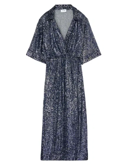 St John Sequin Embroidered Short-sleeve Midi Shirtdress In Blue Silver