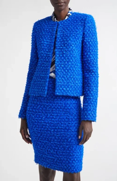 St John St. John Wool Blend Fringed Eyelash Yarn Jacket In Blue