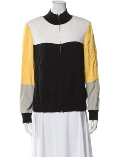 Pre-owned St John Wool Colorblock Pattern Bomber Jacket In Black