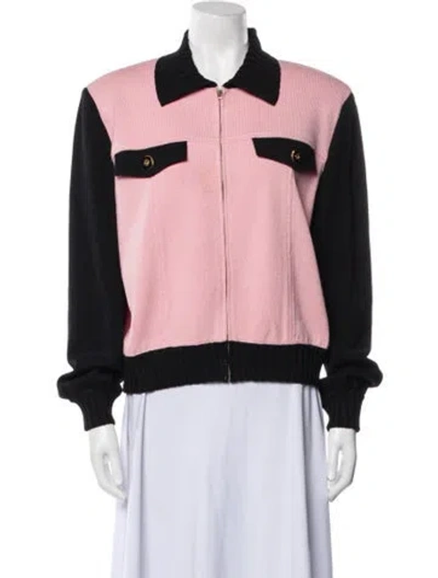Pre-owned St John Wool Colorblock Pattern Bomber Jacket In Pink