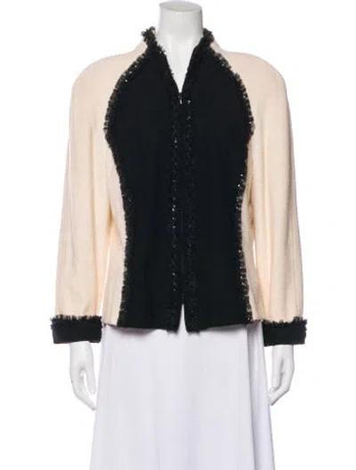 Pre-owned St John Wool Colorblock Pattern Faux Fur Jacket In Black