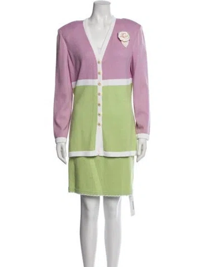 Pre-owned St John Wool Colorblock Pattern Skirt Set In Green