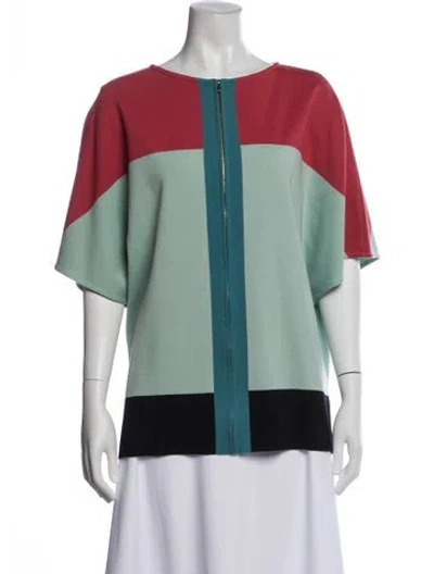 Pre-owned St John Wool Colorblock Pattern Sweater In Green